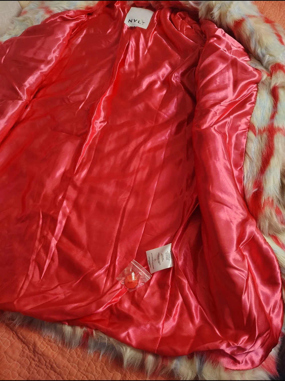 NVLT Girls Faux Fur Plaid Pea Coat in Cream, Red & Tan